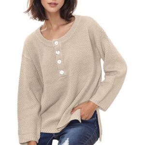 Women’s Half Button Down Sweater from Anna-Kaci L Oatmeal Beige Tan Oversized